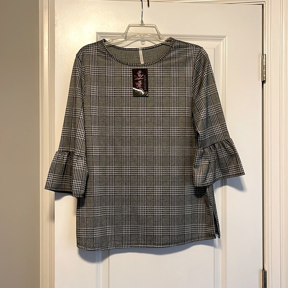 Black and grey blouse with ruffle arms